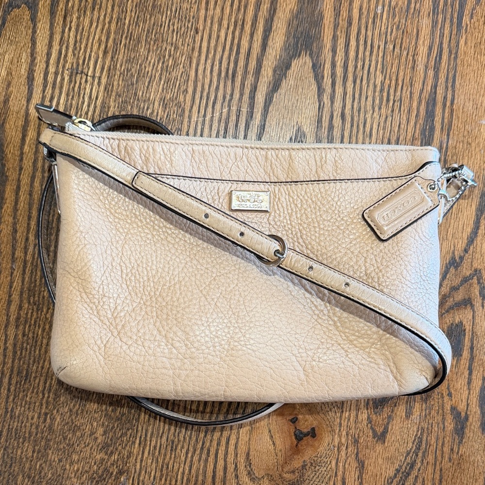 Coach Neutral Beige Pebbled Leather Crossbody with Gold Accents